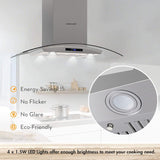 FIREGAS Island Range Hood 36 inch 450 CFM with Chimney,Tempered Glass,4 LED Lights,3 Speed Fan,Touch Control,Permanent Filter,Charcoal Filter,Stainless Steel,Island Mount,Ceiling Mount