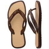 Women's Top Square Fusion Boho Flip Flops - Dark Brown/Golden